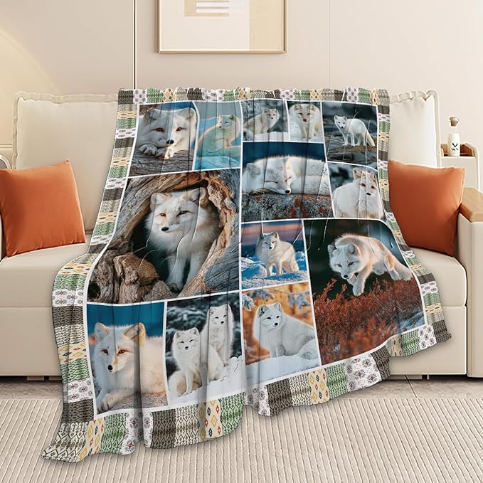 Fox Throw Blanket White Fox Stuff Gifts for Kids Girls Boys Adults Women Men Soft Cozy Warm Plush Fluffy Fuzzy Fleece Blanket Decor 60''X80''