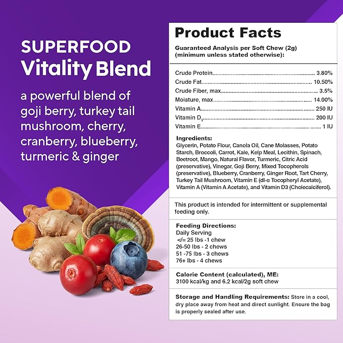 VitaFusion for Dogs Superfood Multivitamin – Daily Immune, Skin & Bone Support with Vitamins A, D & E + Antioxidant Superfoods – Vet Formulated Wellness for Puppies to Senior Dogs, 120 Chews.