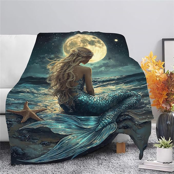 Mermaid Throw Blanket Beach Moon Night Mermaid Stuff Gifts for Kids Girls Boys Adults Women Men Soft Cozy Warm Plush Fluffy Fuzzy Fleece Blanket Decor 60''X80''