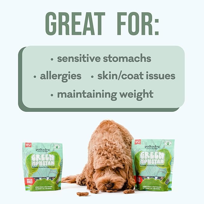 Polkadog Green Monstah Bone Shaped Dog Treats - Kelp & Green Crab, Crunchy, All Natural, Limited Ingredient, Lean Protein & Omega-3 Rich Snacks for Dogs, Great for All Breeds, Made in USA - 7oz