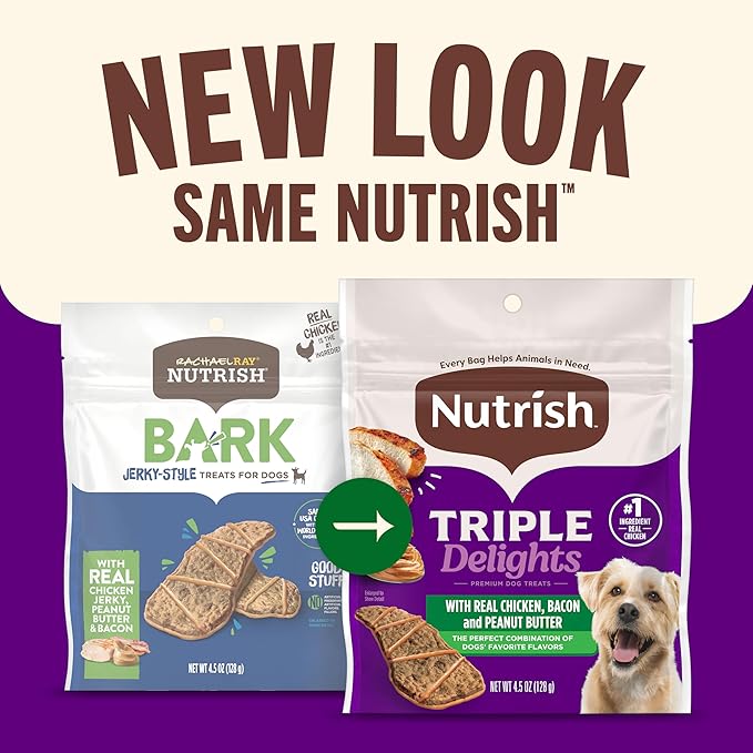 Nutrish Triple Delights Premium Dog Treats with Real Chicken, Bacon, and Peanut Butter, 4.5 oz. Pouch, Pack of 5