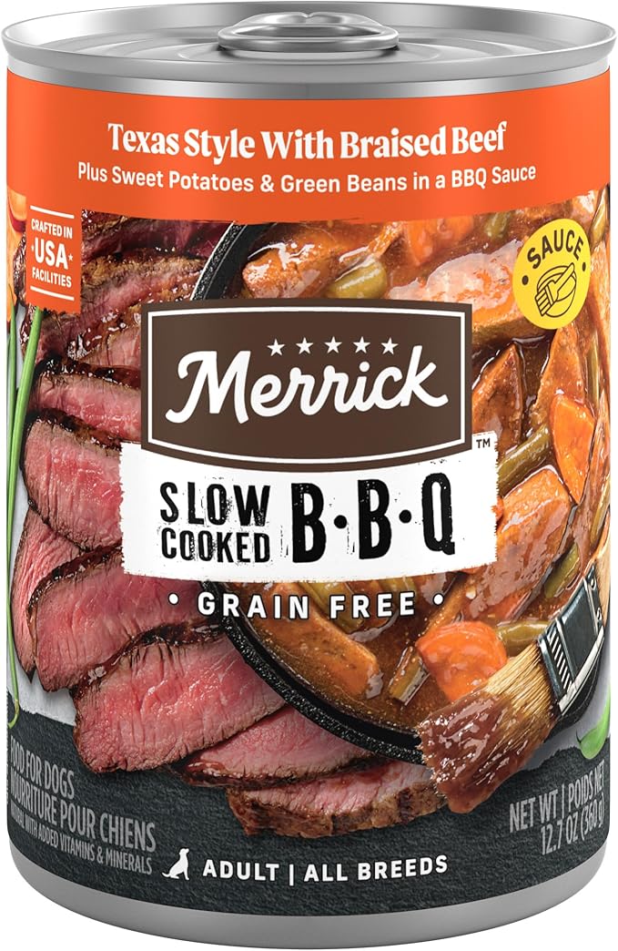Merrick Slow-Cooked BBQ Premium Healthy Real Meat Grain Free Canned Dog Food, Texas Style With Braised Beef - (Pack of 12) 12.7 oz. Cans