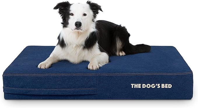 The Dog’s Bed Orthopedic Memory Foam Dog Bed for Large Dogs, Waterproof Washable Cover, Anti-Slip Base, Calming Surface – CertiPUR-Certified Foam, Real Blue Denim, 6 Inch Thick