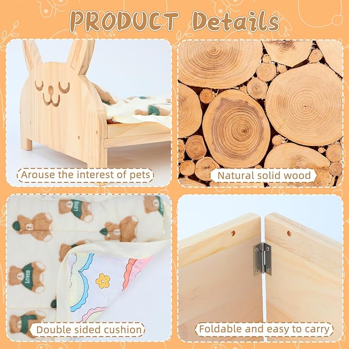 BWOGUE Large Wooden Bunny Bed, 2 in 1 Folding Wooden Pet Bed with Reversible Cushion & Pillow, Easy to Assemble Small Animals Beds for Bunnies Rabbits Guinea Pigs Puppy Kittens Sleeping Habitat