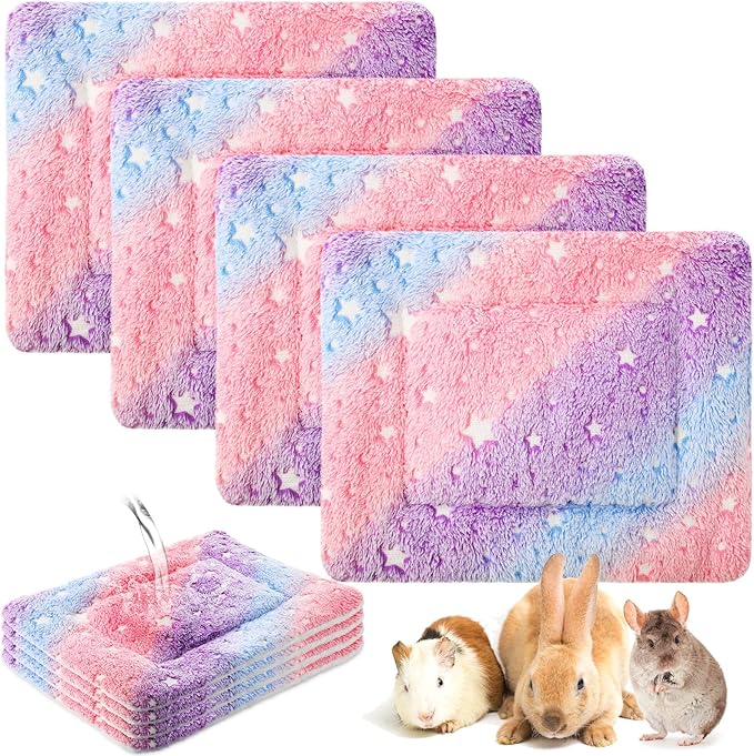 Haull 4 Pcs Waterproof Guinea Pig Bedding Guinea Pig Bed Plush Cage Liners Soft Rabbit Dog Crate Pad Cat Mat Reversible Cozy Animal Pee Pad Hamster Bunny Mat Accessory(Colorful Star,13 x 10 Inch)