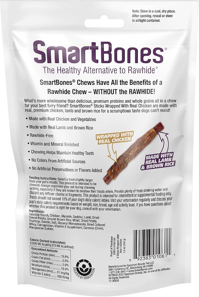 SmartBones Sticks Wrapped with Real Chicken, Lamb and Brown Rice Rawhide-Free Chews for Dogs, 4 Chews Per Pack, 3.5 Ounces