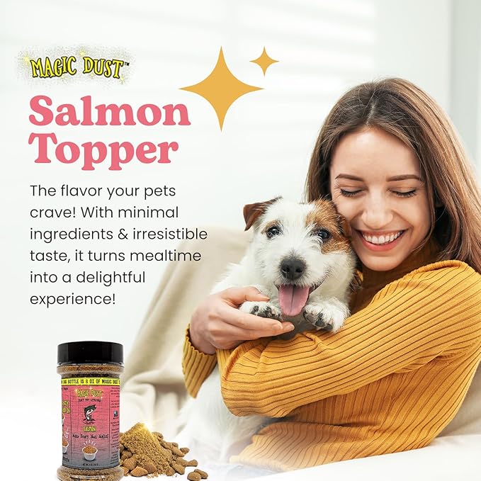 Wild Meadow Farms - Magic Dust Salmon Jerky Topper, Single Protein Pet Food Topper for Dogs & Cats, Enhance Flavor & Elevate Mealtime Excitement for Picky Eaters - 8 Ounce Bottle in Salmon Flavor