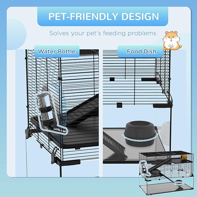 PawHut Large Hamster Cage with Deep Tempered Glass Bottom, 3 Tiers Hamster Tank with Running Wheel, Hut, Water Bottle, Dish, Rat Cage for Syrian, Dwarf, Gerbils, Mouse, 30" x 19" x 21.5", Black