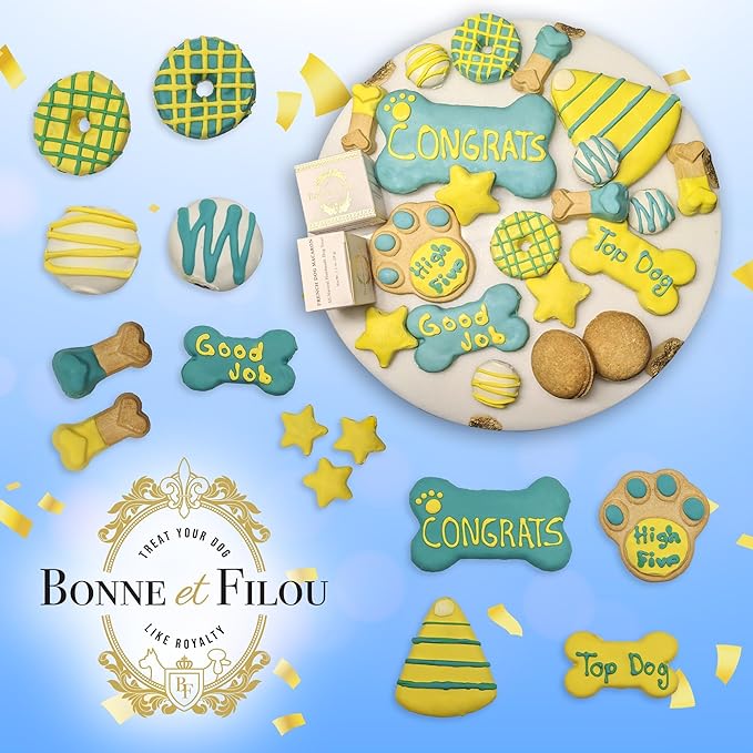 Bonne et Filou Congratulations Dog Treats, Gourmet Gift Box, 20 Luxury Human Grade Macarons, Truffles & Bone Cookies, Healthy Snacks for Medium to Large Dogs