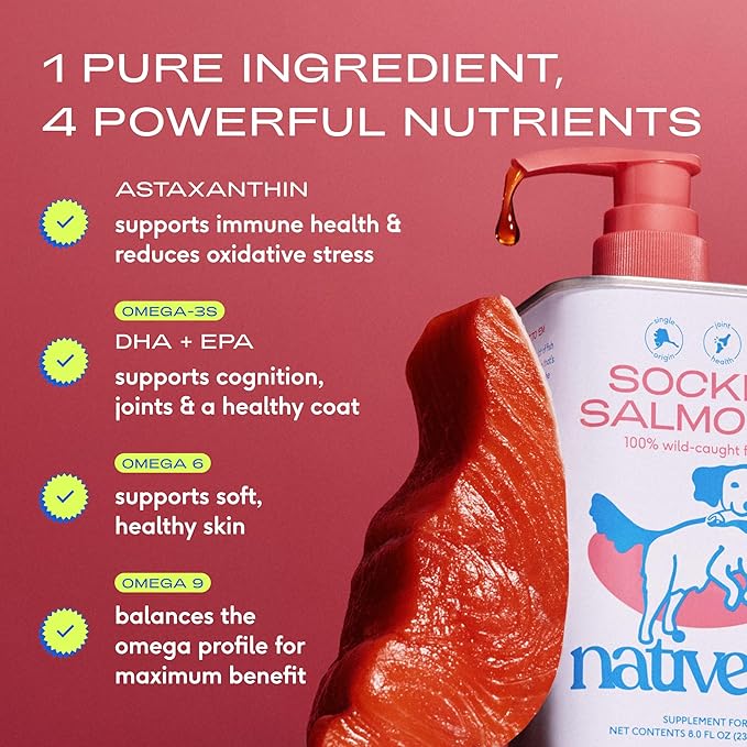 Native Pet Sockeye Salmon Oil for Dogs & Cats - Wild Alaskan Fish Oil for Dogs - Supports Strong Joints, Skin & Coat, Heart Health & Cognition - Single-Origin Pure Omega-3 EPA & DHA - 8oz