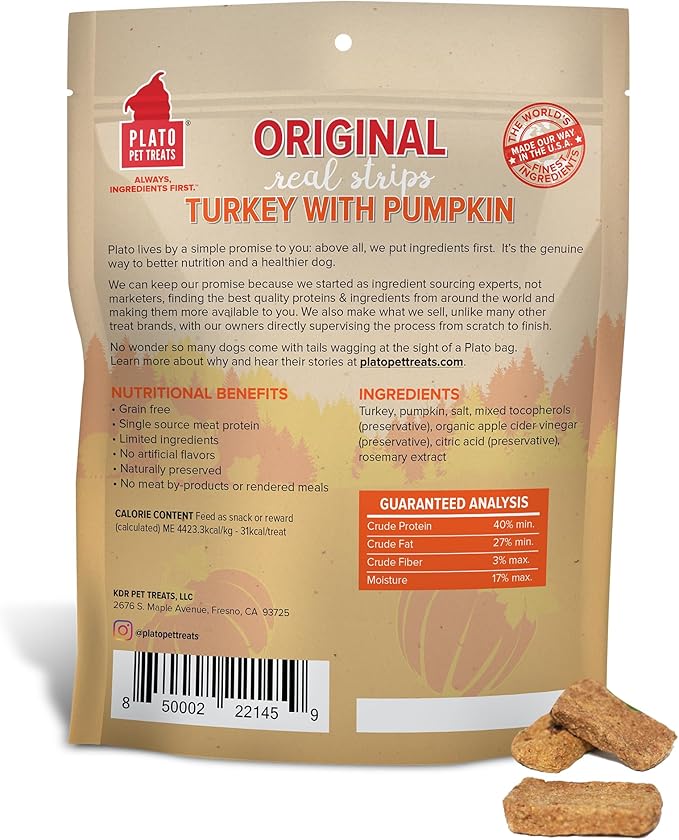 Plato Pet Treats Real Strips - Air-Dried Meat Bars for Dogs - Delicious, Limited Ingredient Dog Treats - Grain Free - Original Real Strips Turkey & Pumpkin 18oz - 2 Pack