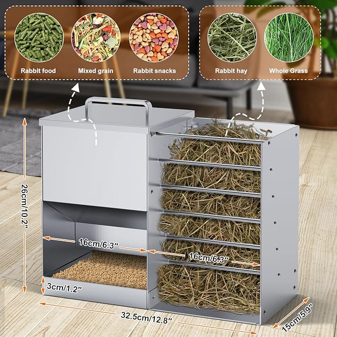 Automatic Rabbit Feeders for Cage Hay Feeder 4.5L Bunny Feeder Stainless Steel Rabbit Food Dispenser for Guinea Pig Squirrel Small Animals Trough