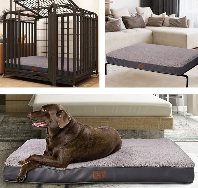 Sunheir Orthopedic Dog Bed for Large Dogs and Extra Large Dogs, XL Waterproof Dog Bed with Removable Washable Cover & Anti-Slip Bottom, Crate Bed, Deluxe Plush Pet Bed Mat, L-Plus(36"X27"X3"), Grey