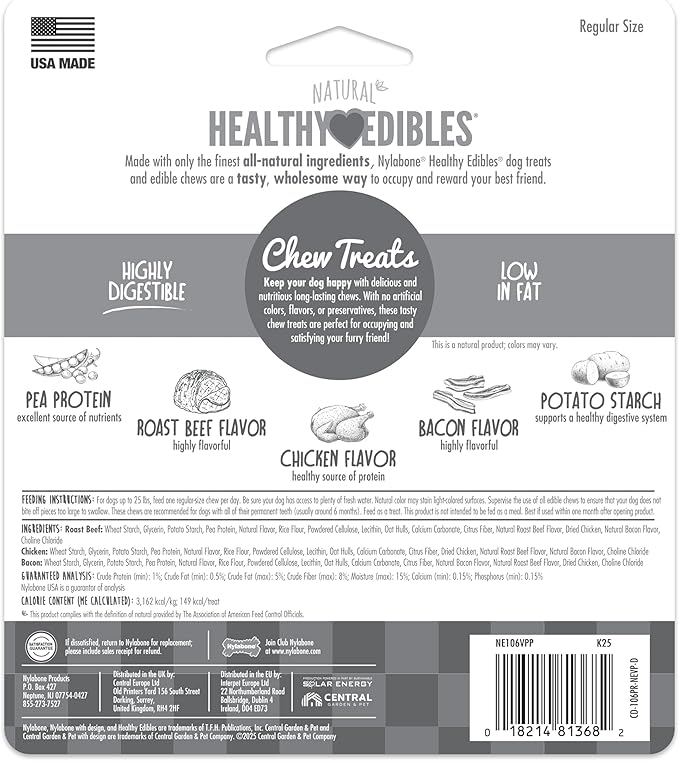 Nylabone Healthy Edibles Natural Dog Chews, Long Lasting Bones for Dogs, Roast Beef, Chicken & Bacon Flavor Dog Treats, Small (3 Count)
