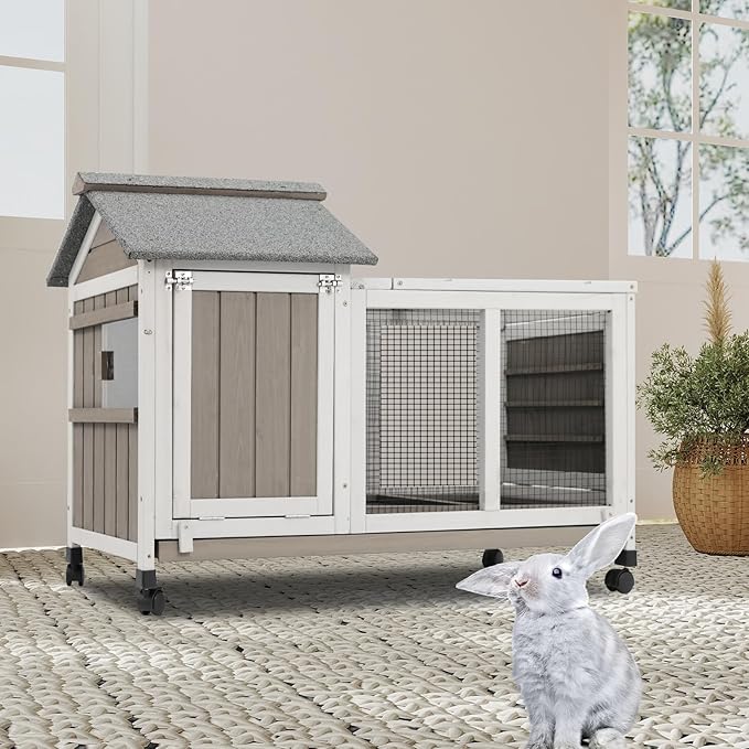 Gowoodhut 38.19"L Rabbit Hutch Indoor and Outdoor with 4 Wheels,Wooden Rabbit Cage with Pull Out Leak-Proof Tray for 1-2 Rabbits,Bunny Hutch with Asphalt Roof Suitable for Garden,Park,Living Room,Grey