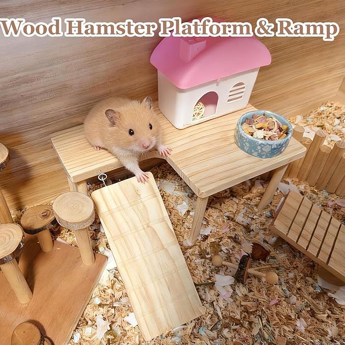Wooden Hamster Platform with Ladder Rat Climbing Activity Playground Platform Cage Accessories Decor for Dwarf Syrian Hamster Gerbil Rat Mice (Left)