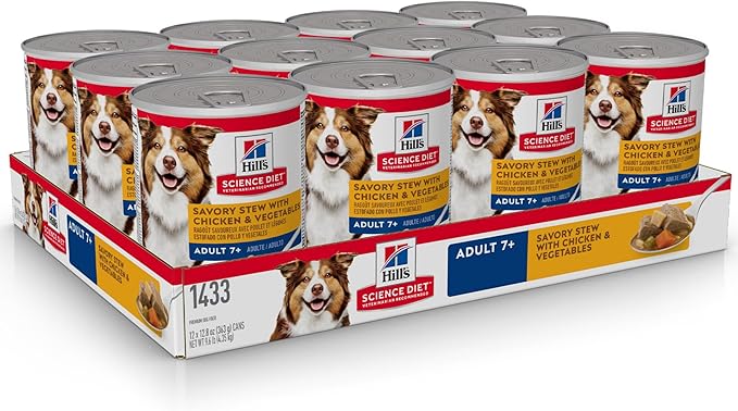 Hill's Science Diet Adult 7+ Senior Wet Dog Food, Savory Stew with Chicken & Vegetables in Gravy, 12.8 oz. Cans, 12-Pack