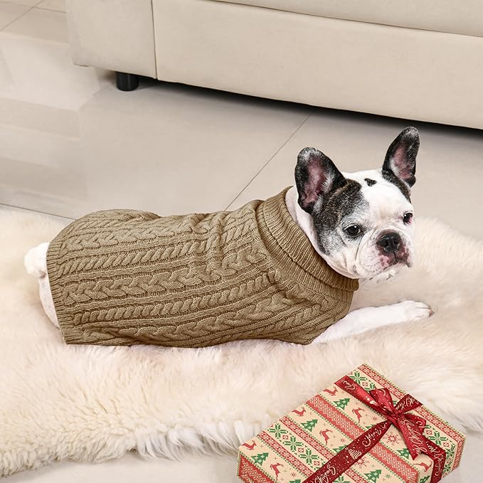 2 Pack Dog Sweaters for Medium Dogs Winter Turtleneck Pullover Cable Knit Fleece Stretch Frenchie Dachshund Pug Corgi Beagle Boy Girl Pet Clothes (L, Green & Brown)