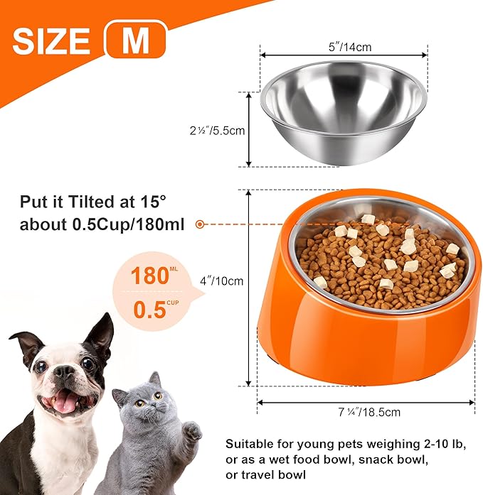 Tilted Dog Bowl Non-Slip & Non-Spill Pet Feeder with Elevated Detachable Melamine Stand, Easy to Get Food Dog Dish, M/180ml Orange
