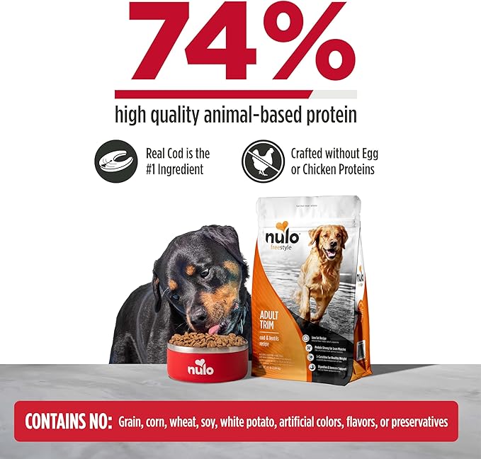 Nulo FreeStyle Adult Trim Dry Dog Food - High Protein Grain Free Dog Food for Healthy Weight Management, Natural Kibble with Probiotics, L-Carnitine and Fiber for Small, Medium, Large Breeds, 26lb