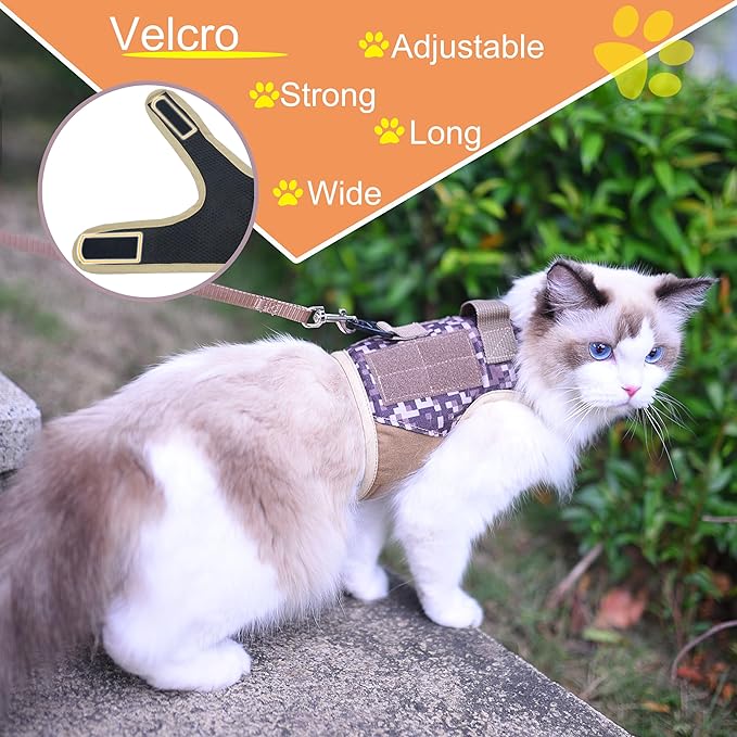 Tactical Kitty Harness and Leash for Walking Escape Proof, Desert Camo, Small, Adjustable Cat Walking Jackets, Padded Stylish Cat Vest for Winter