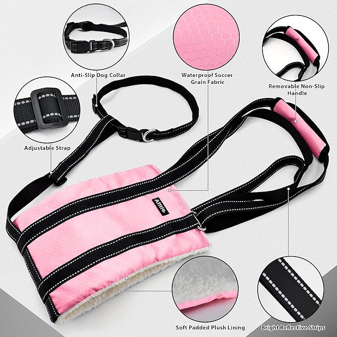 AIITLE Dog Sling Carrier with Detachable Collar - Adjustable Anti-Slip Reflective Dog Lift Harness with Comfort Handle for Senior Dogs, Hind Leg Weakness, Hip Dysplasia, ACL Surgery (Pink, M)