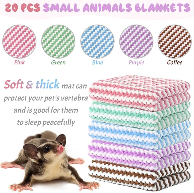 Moukeren 20Pcs Guinea Pig Fleece Bedding Blankets Bulk Washable Small Animal Fleece Cage Liners Pet Wash Cloth Sleeping Mat Cover for Hamster Chinchilla Rabbit Hedgehog(Multicolor, 14 x 30 Inch)