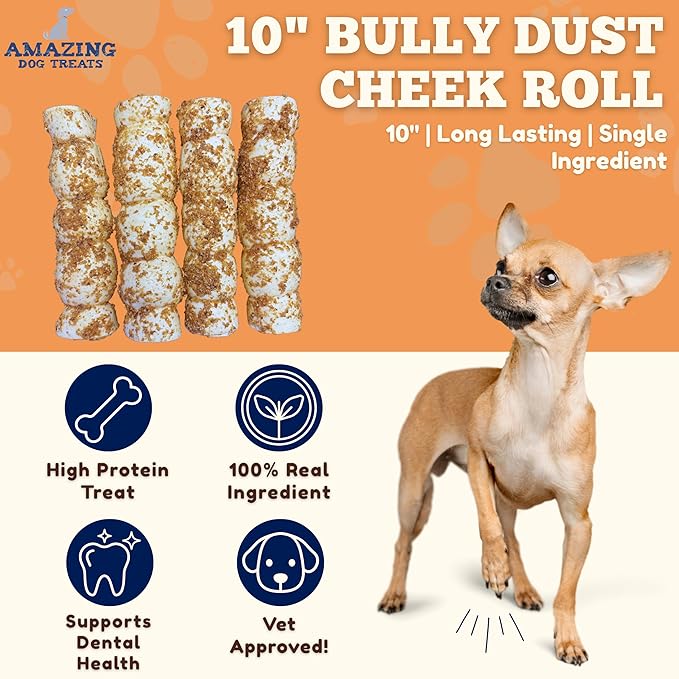 Amazing Dog Treats - Beef Cheek Rolls Mega Thick (Bully Dust Flavor, 10" - 6 Count) - Safe Rawhide Alternative Dog Chew - Great for Power Chewers - Long Lasting Dog Chew - Retriever Rolls for Dogs