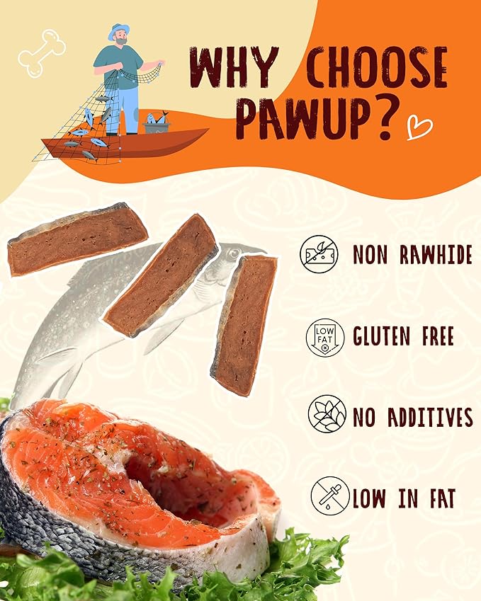 PAWUP Salmon Dog Treats, Smoked Salmon Jerky with Fish Skin, Salmon and Duck Recipe, High Protein Snacks, Natural Omega 3-6, Low in Fat with Taurine, 12.5 oz (15-20 PCS)