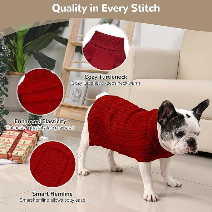 2 Pack Dog Sweaters for Medium Dogs Winter Turtleneck Pullover Cable Knit Fleece Stretch Frenchie Dachshund Pug Corgi Beagle Boy Girl Pet Clothes (M, Red & Brown)