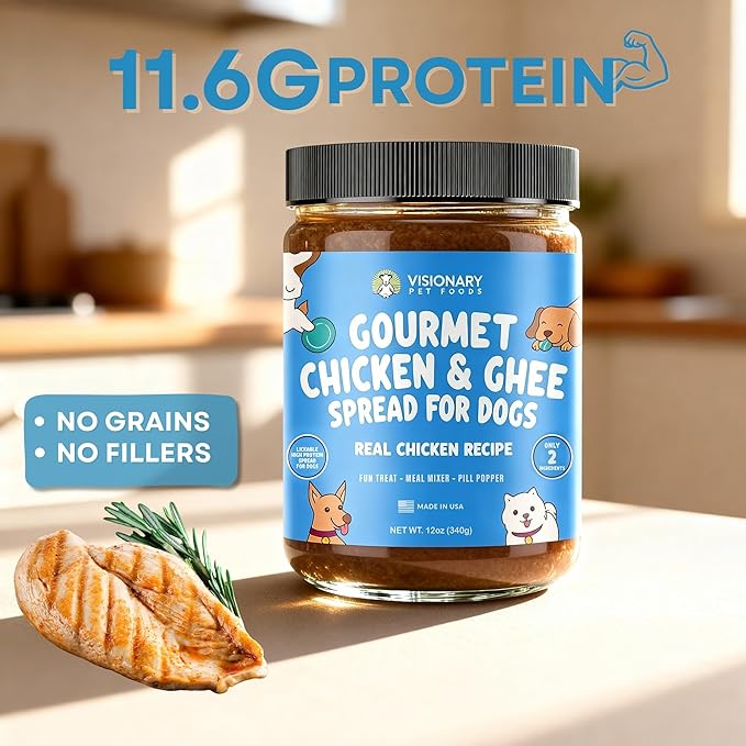 Visionary Pet Foods Chicken Meat Spread - Healthy Dog Treat - Alternative to Dog Peanut Butter, Xylitol Free, No Sugar and Filler Free - Use on Lick Mat, Food Mixer, Pill Pockets - 12oz Jar