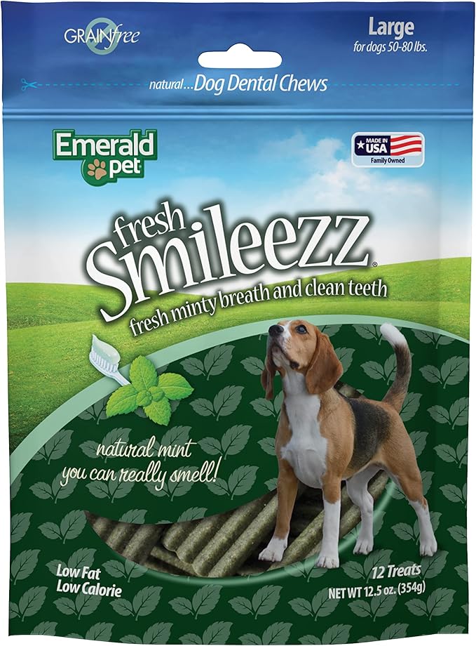 Emerald Pet Fresh Smileezz Dog Dental Treats — Tasty and Chewy Natural Dental Treats for Dogs for Clean Teeth, Fresh Breath, and Healthy Gums — Grain Free Dental Chews — Made in USA — Large, 12.5 Oz