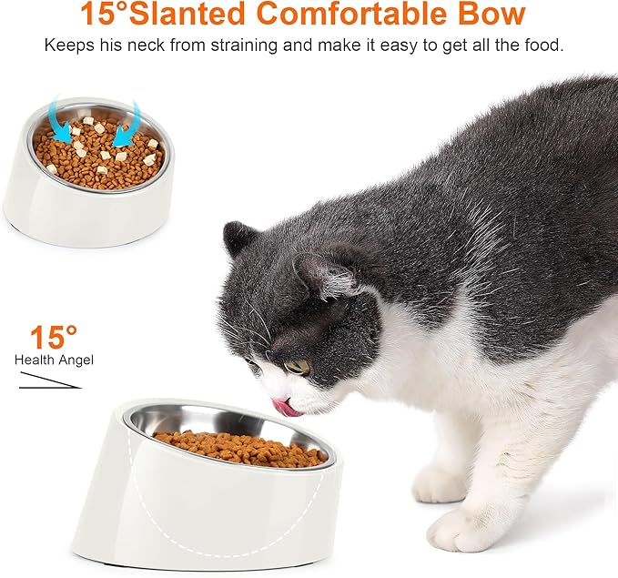 Tilted Dog Bowl Non-Slip & Non-Spill Pet Feeder with Elevated Detachable Melamine Stand, Easy to Get Food Dog Dish, M/180ml White