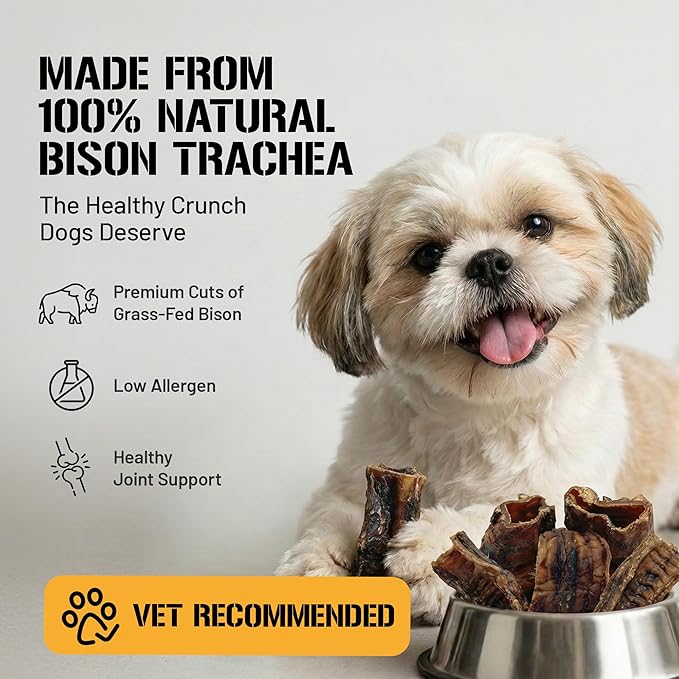 Dog Chits Bison Trachea Dog Treats - 100% Single Ingredient, High Protein, Lower Fat - Glucosamine for Joint Support - Dental-Clean Crunch - Gentler on Digestion Than Beef - 2-3 inch, 8 oz
