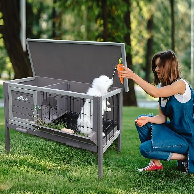 Rabbit Hutch, Wooden Bunny Cages Indoor with Deeper Leakproof Tray - Upgrade with Metal Wire Pan (Grey, Rabbit Hutch #001-B) Large
