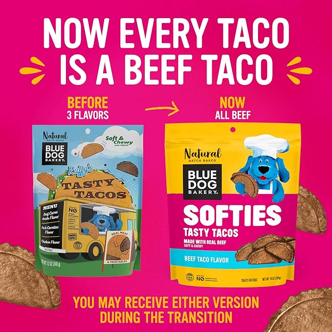 Blue Dog Bakery Tasty Tacos Snacks | Small, Soft Chicken, Beef, Pork Flavors | Natural Healthy Dog Treats | Ruffy's Food Trucks, 12 oz (Pack of 6)