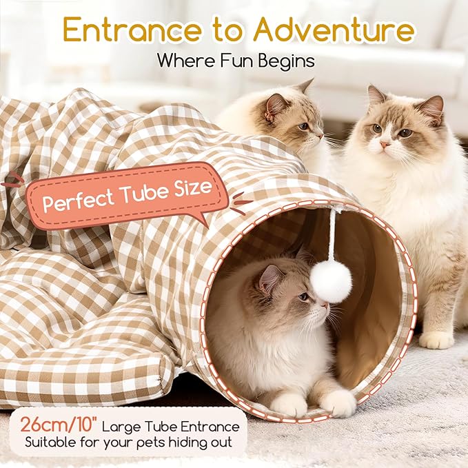 Bunny Tunnel Bed, 2-in-1 Collapsible Tunnel Tubes with Removable Cushion Bed, Cozy Bunny Hideout Rabbit Tunnel Tube Toys for Cats Kittens Rabbits Small Animals