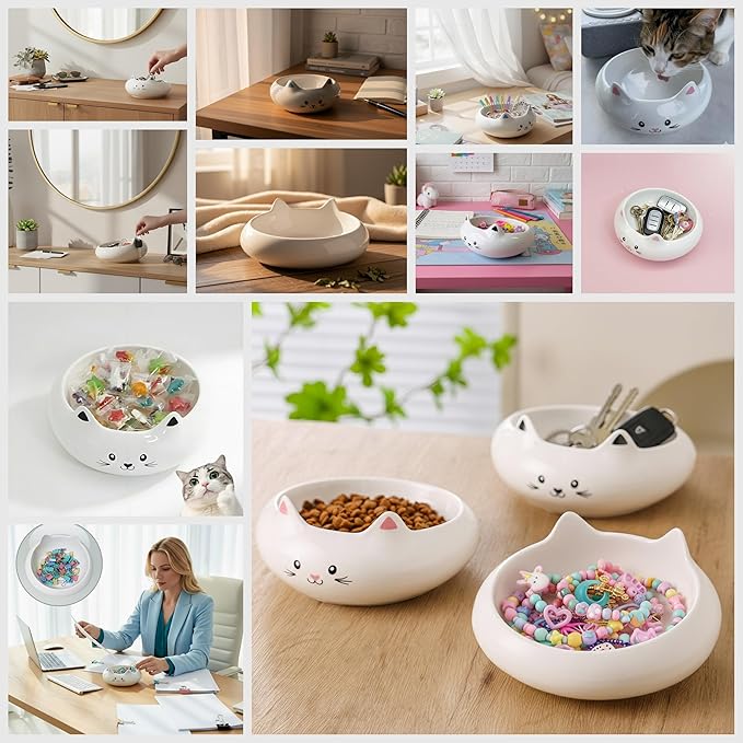 Cat Bowls, Cat Food Bowl with Ears, Ceramic Cute Kitten Water Bowl 7.1oz, Slanted Kitten Feeding Dish 6.5 inch, Whisker Fatigue Friendly, Adorable and Multi-Use Gift for Girls
