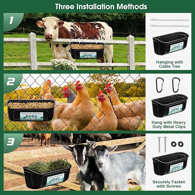 PIREKZUNT 4 Pack Chicken Duck Feeder, Poultry Feeders and Waterers, Hanging Goat Feeder, Livestock Feeding Container, Feed Trough and Waterer Bucket with Clips(Black)