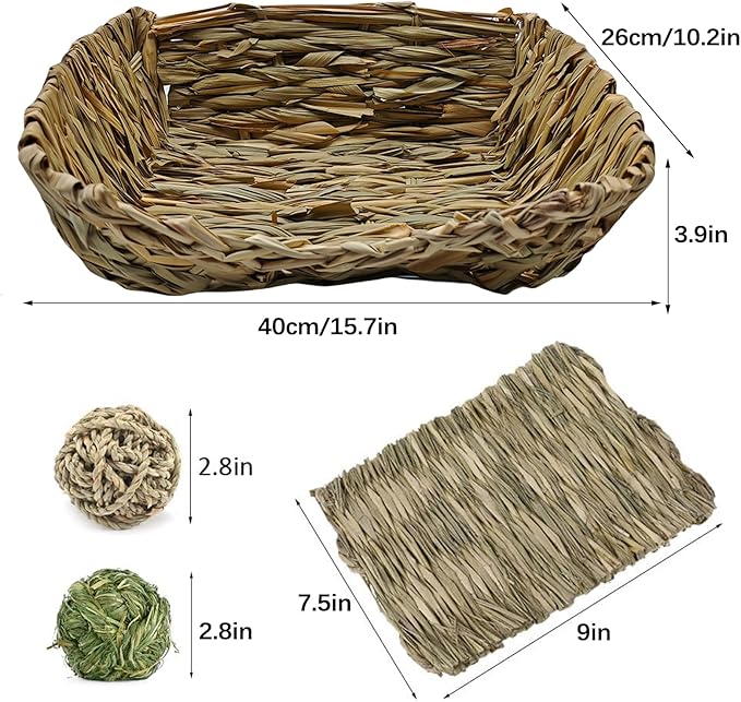 Hamiledyi Ex-Large Rabbit Grass Bed Natural Handmade Hay Mat Chew Balls for Drawf Rabbit Bunny Chinchilla Guinea Pig Ferret Hedgehog Rat