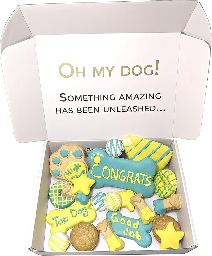 Bonne et Filou Congratulations Dog Treats, Gourmet Gift Box, 20 Luxury Human Grade Macarons, Truffles & Bone Cookies, Healthy Snacks for Medium to Large Dogs