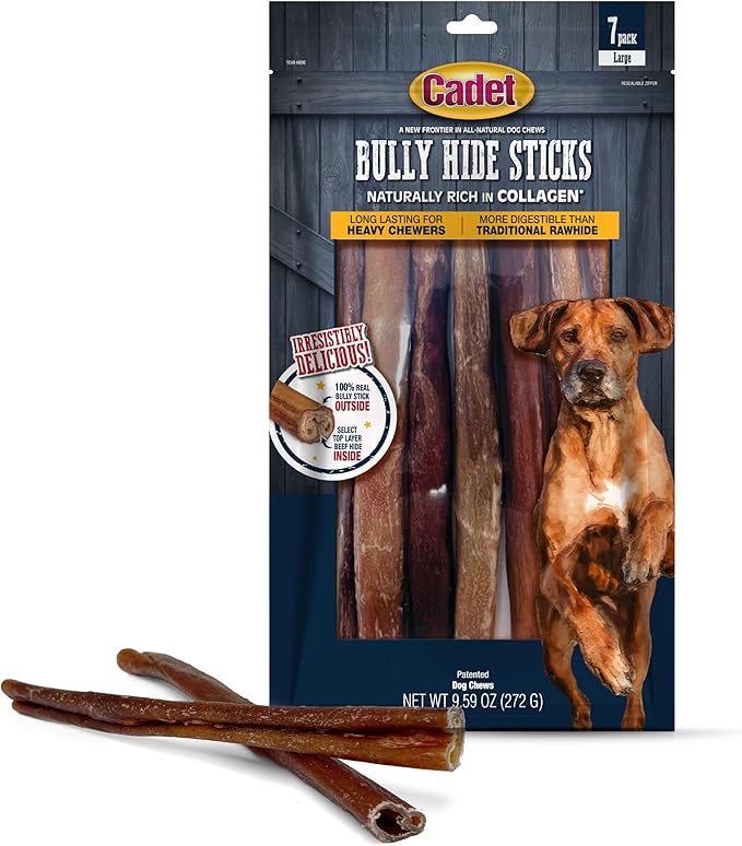 Cadet Bully Hide Sticks for Large Dogs, All-Natural Beef Pizzle, Limited-Ingredient Long-Lasting Dog Chews for Aggressive Chewers, 7 Count