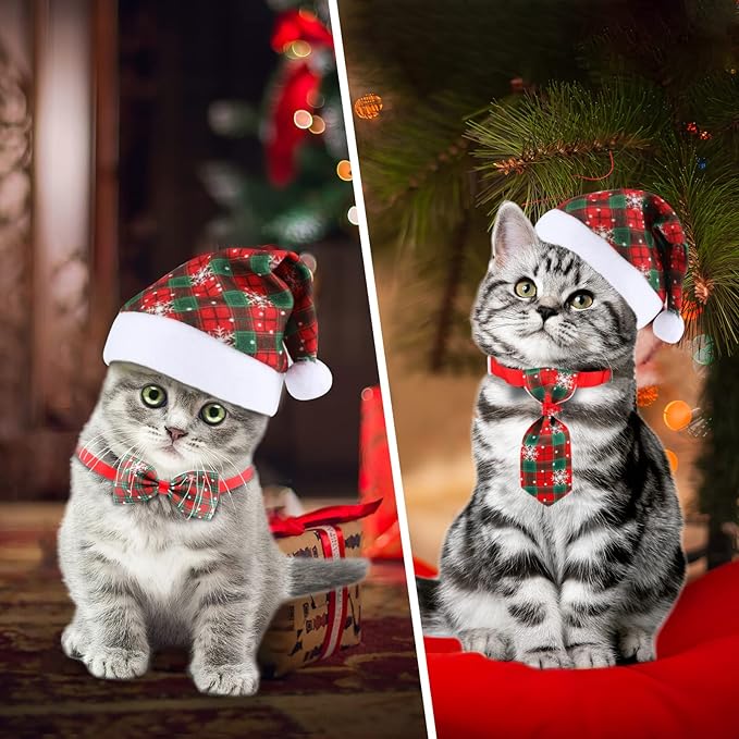 Christmas Dog Cat Santa Hat with Scarf and Adjustable Bow Tie Collar and Pet Necktie, Jupsk Essential Plaid Snowflake Xmas Costume Set for Small Dogs,Cats,Kitten,Puppies,Xmas Pet Outfit,Style A