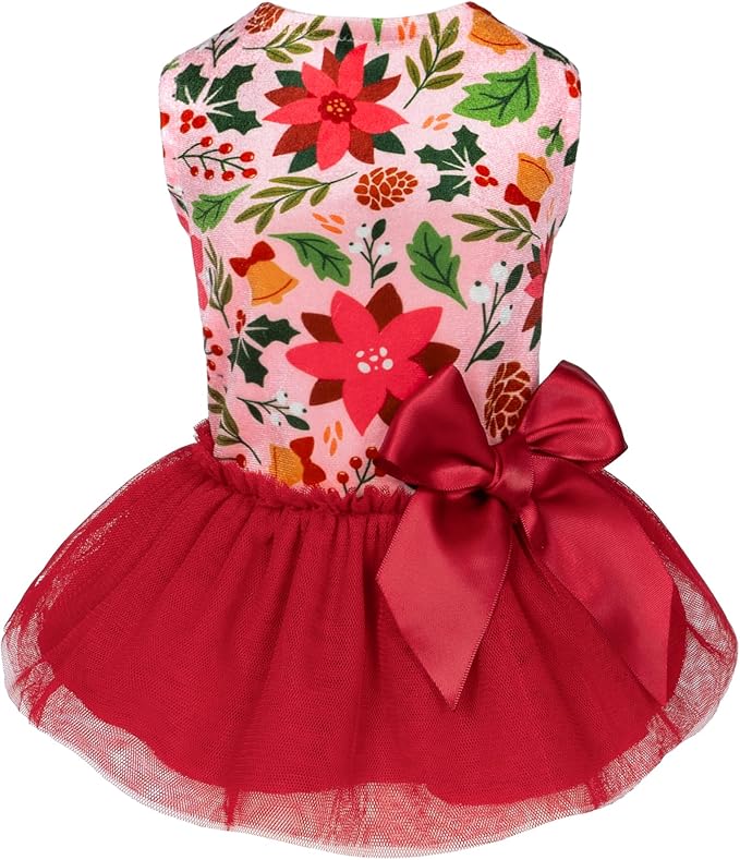 Fitwarm Christmas Flowers Dog Tutu Dress, Elegant Winter Clothes for Small Dogs Girl, Holiday Pet Outfit, Red, Pink, XXS