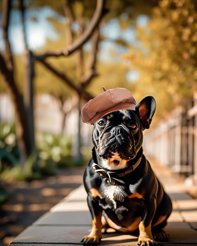 PET SHOW Dog Beret Hat for Small Dogs Cats Party Holiday Headband Cap French Leather Berets with Adjustable Chin Strap Cute Fashion Puppy Hats Pets Costumes Accessories(Brown,S)
