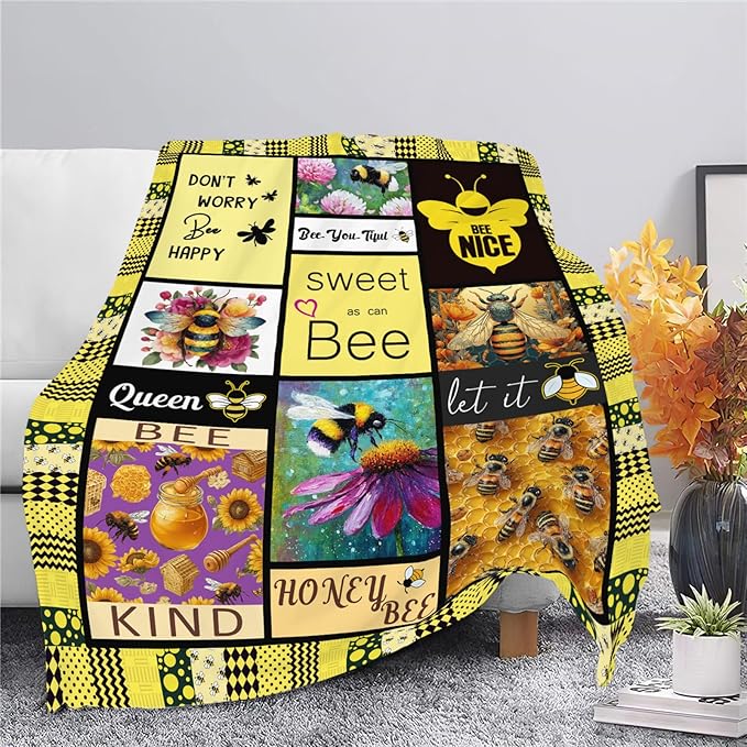 Bee Throw Blanket Bee Stuff Gifts for Kids Girls Boys Adults Women Men Soft Cozy Warm Plush Fluffy Fuzzy Fleece Blanket Decor 50''X60''