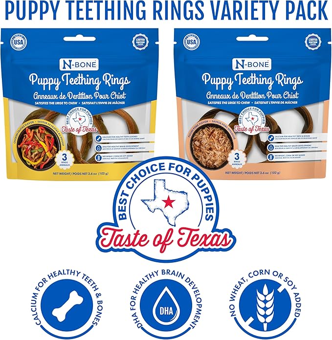 N-Bone Puppy Teething Rings Tex-Mex 3 count bag Variety Pack, Chicken Fajitas & Queso Con Carne Flavor, Total 2 bags, 7.2-oz, 6 Rings