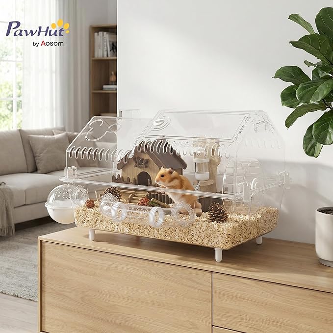PawHut 8 in 1 PET Hamster Cage, Dwarf Hamster Cage with Large Wheel & Hideout, Small Animal Habitat with Accessories, Clear Pet House, 21.5" x 11.8" x 12.6"