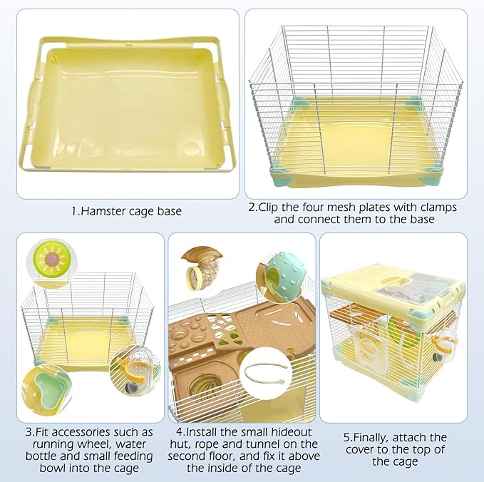 Hamiledyi Portable Hamster Cage 2 Layers Dwarf Hamster Habitat 10.90”L*8.07”W*9.84”H Small Animal Travel Cage with Exercise Wheel Hamster Enclosure Mouse Cage for Hamsters Mice Gerbils Tiny Pets