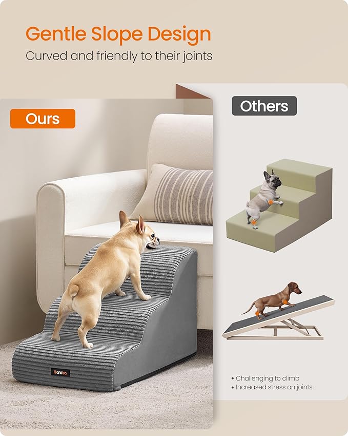 Feandrea 3-Step Dog Stairs, Dog Steps for Bed, Sofa, Waterproof Pet Stairs with Anti-Slip Designs, Gentle Slope, Removable Washable Cover, Handle, Dove Gray UPPS003G01